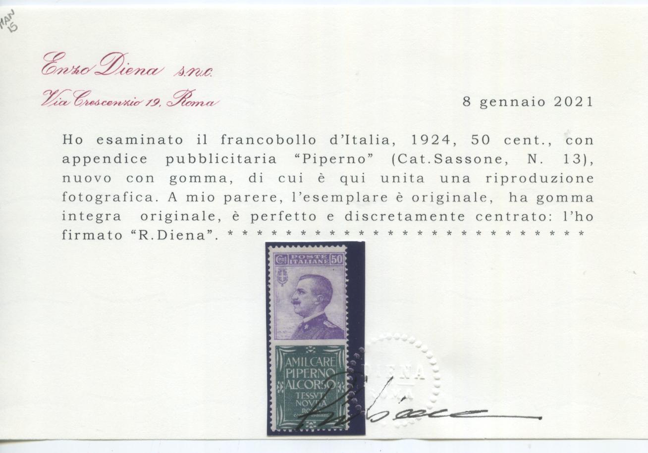 Scansione lotto: REGNO 1924 50C. PIPERNO **  CERT.