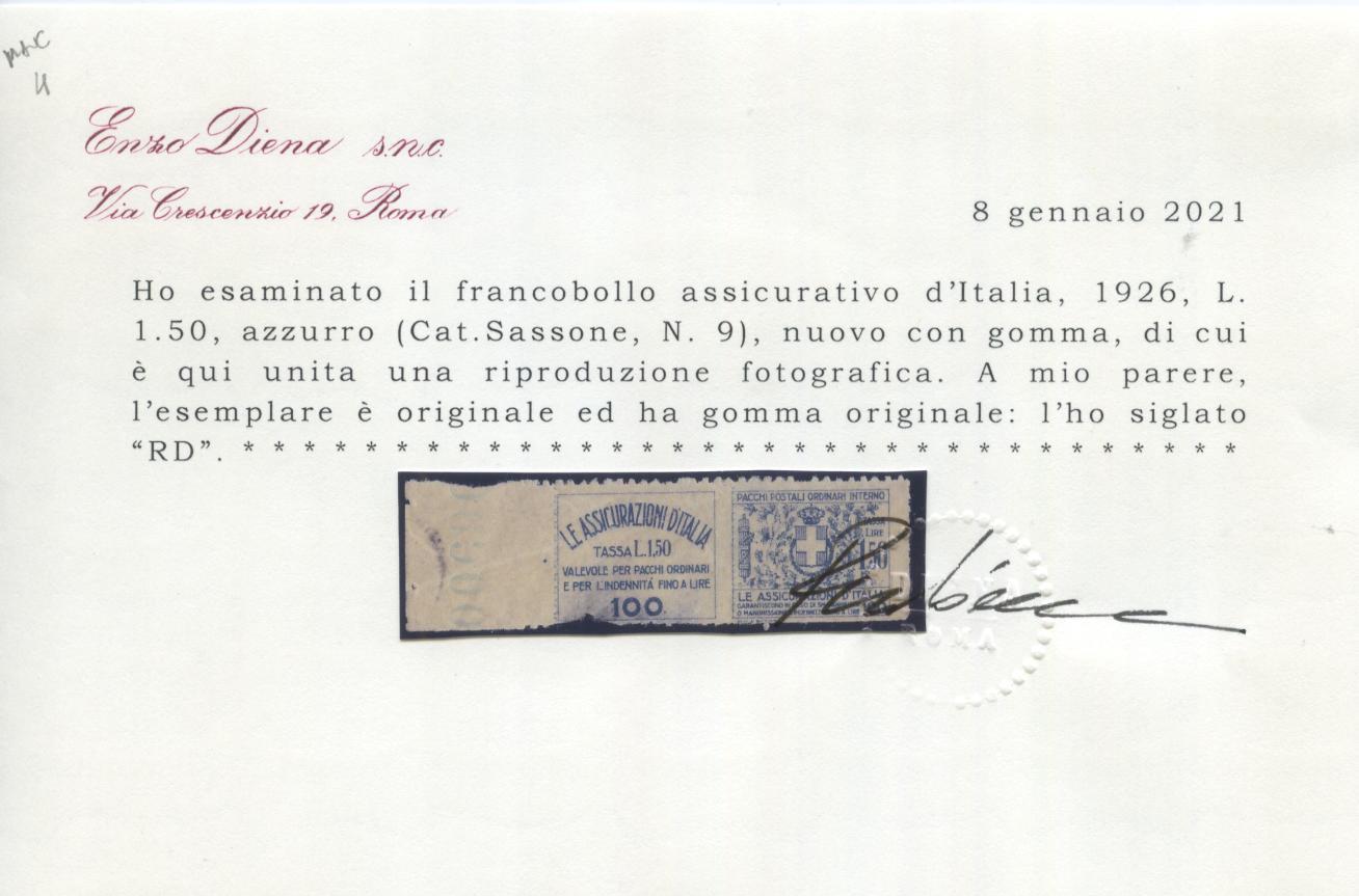 Scansione lotto: REGNO 1926 ASSICURAZIONE N.9 4 *  CERT.