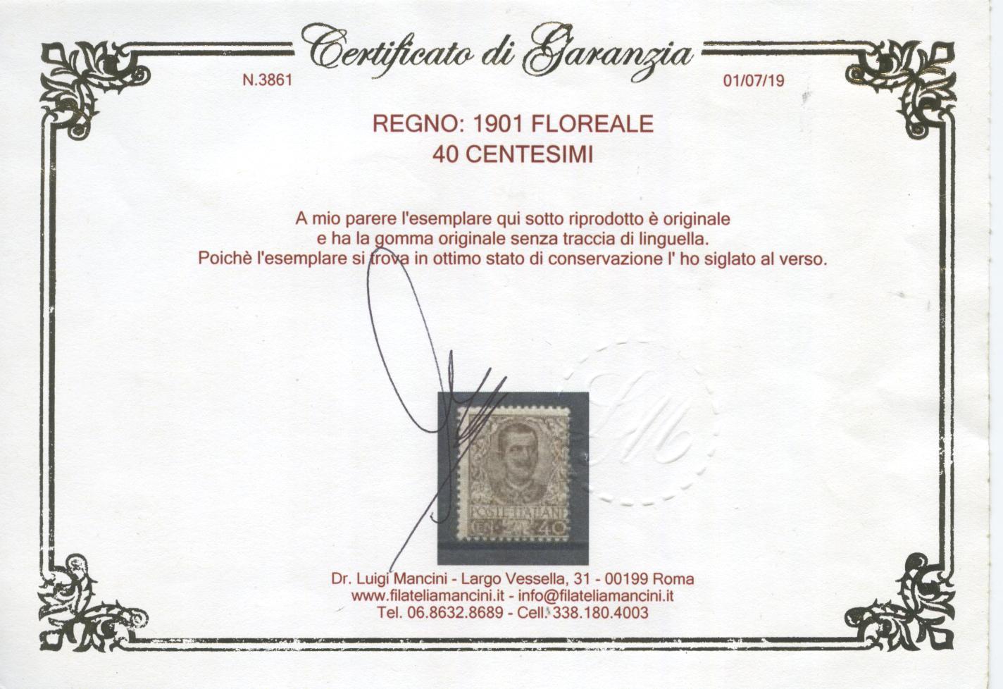 Scansione lotto: REGNO 1901 FLOREALE 40C. 3 **  CERT.