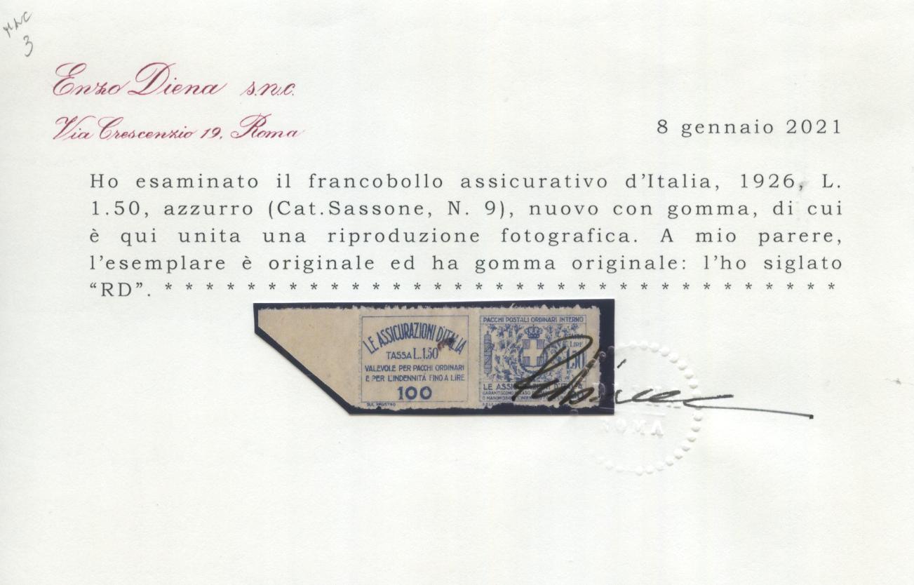 Scansione lotto: REGNO 1926 ASSICURAZIONI N.9 3 *  CERT.