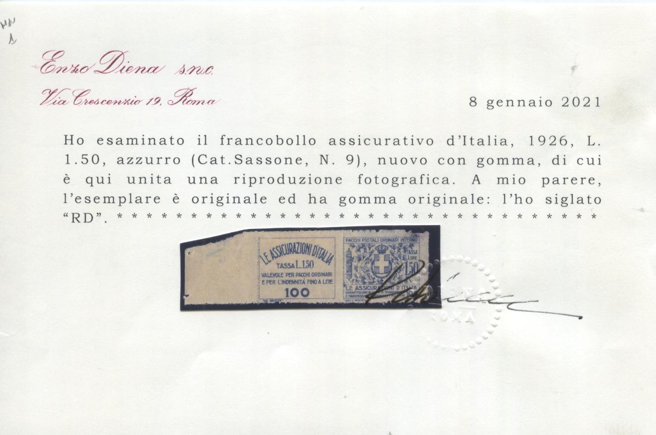 Scansione lotto: REGNO 1926 ASSICURAZIONE N.9 *  CERT.