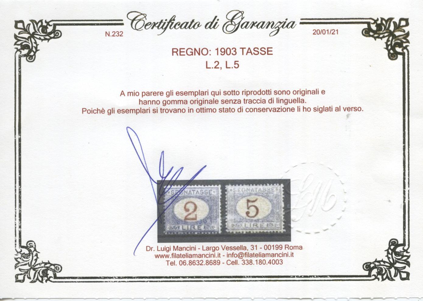 Scansione lotto: REGNO 1903 TASSE L.2 E L.5 **  CERT.