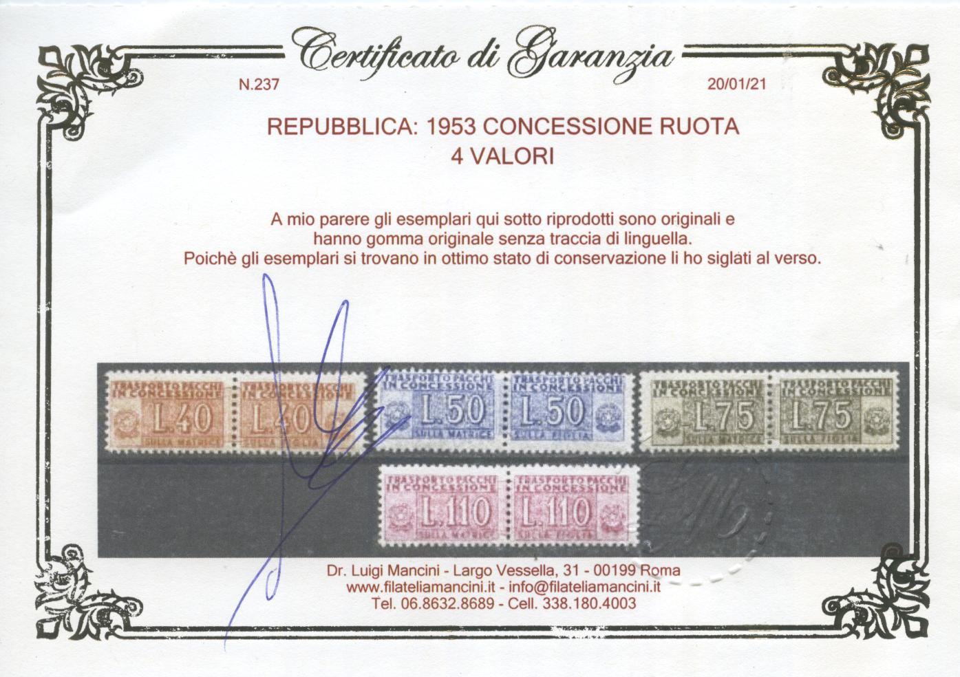 Scansione lotto: REPUBBLICA 1953 CONCESSIONE RUOTA 4V. 4 **  CERT.