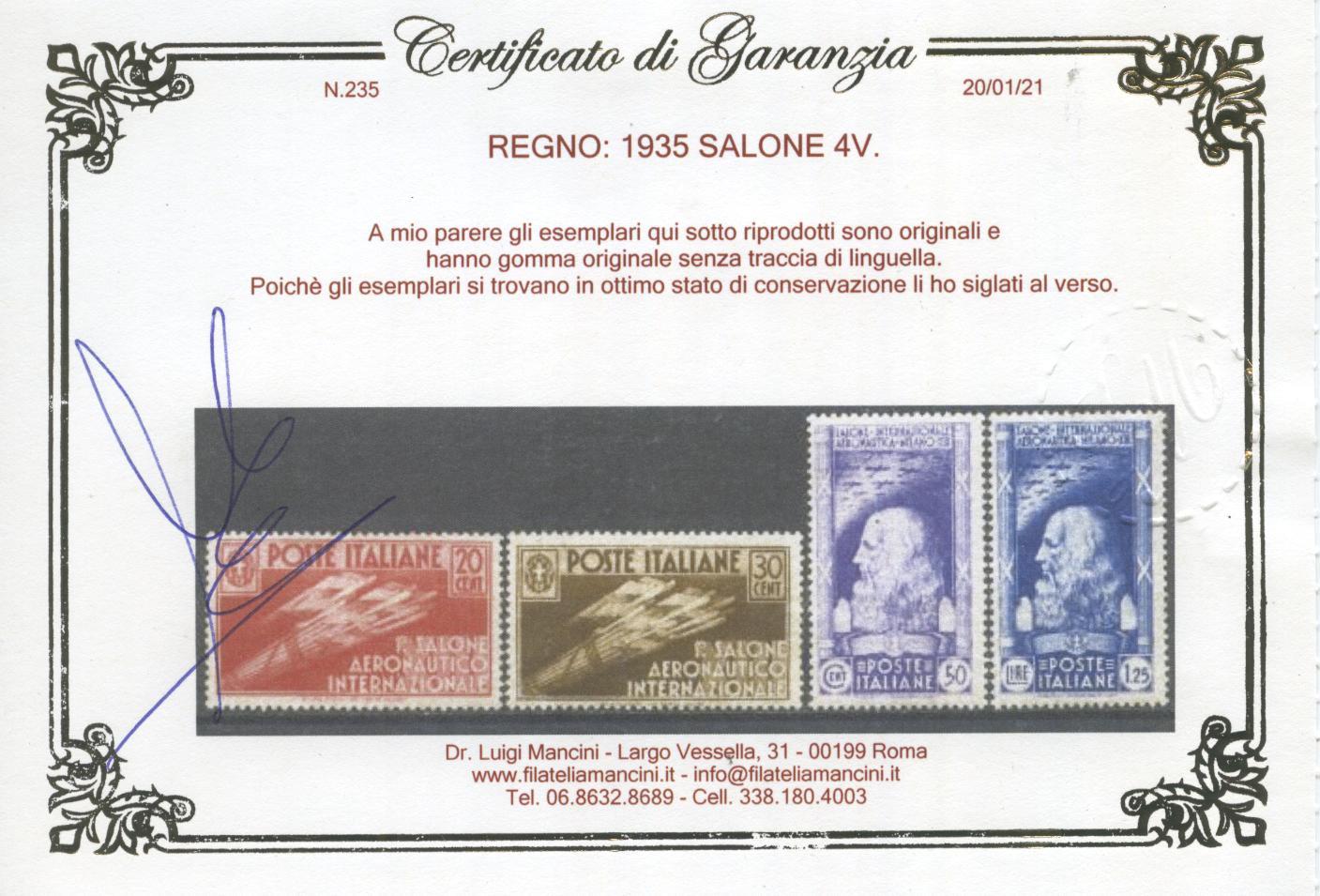 Scansione lotto: REGNO 1935 SALONE 4V. 6 ** CENTRATO CERT.