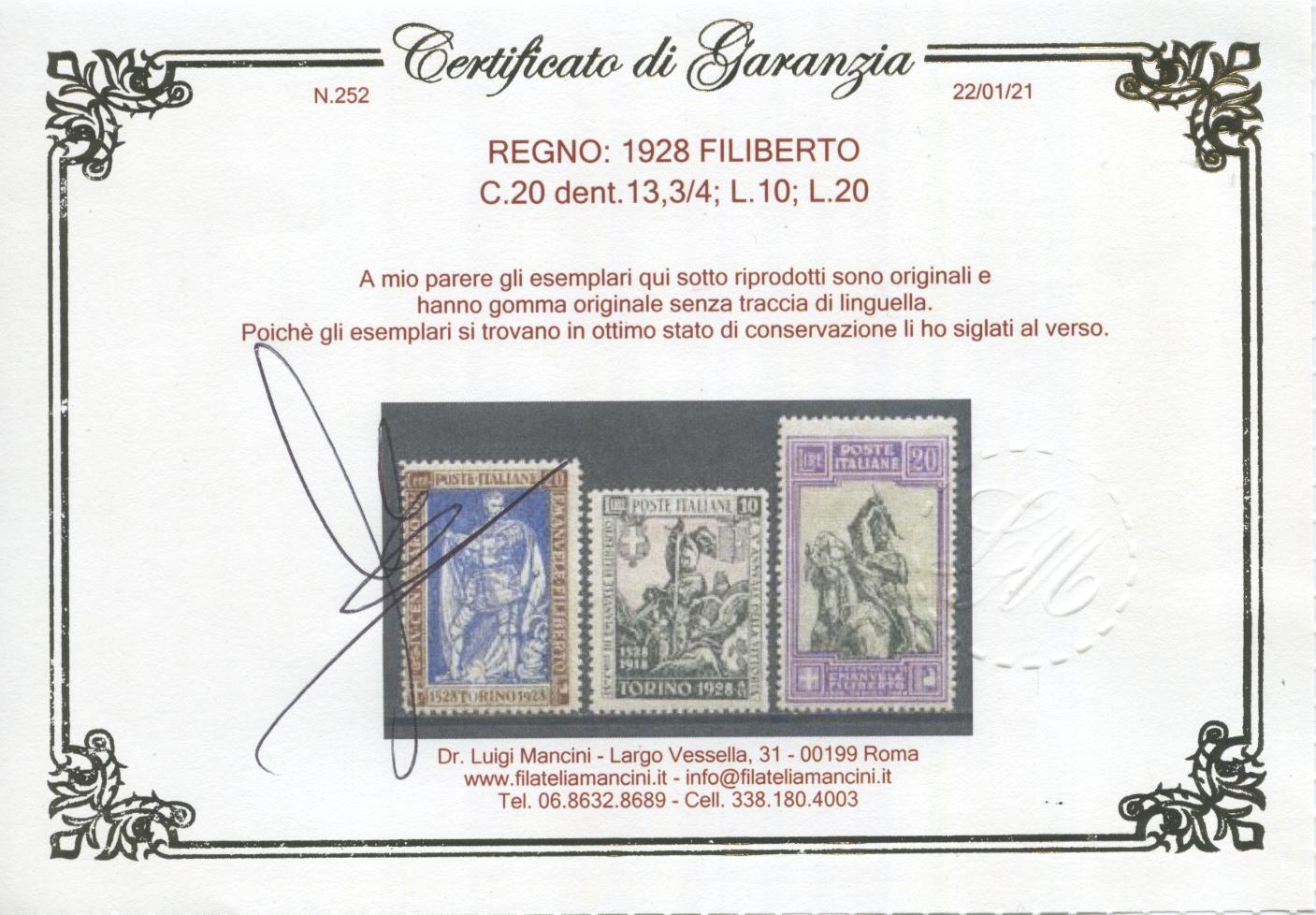 Scansione lotto: REGNO 1928 FILIBERTO 13V. 3 ** CENTRATO CERT.