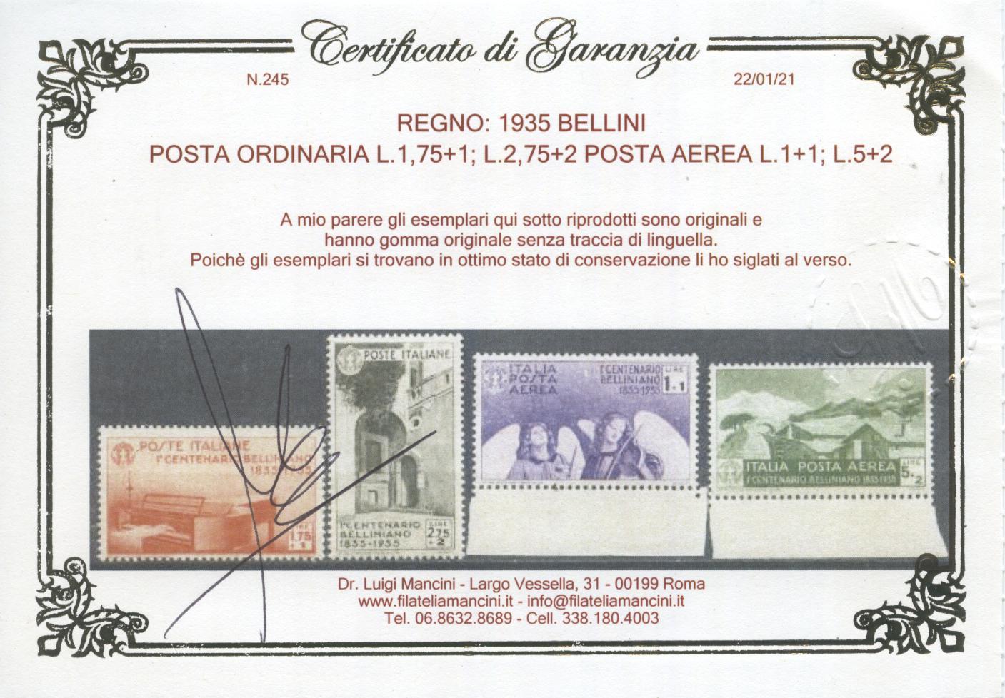 Scansione lotto: REGNO 1935 BELLINI 11V. 3 ** LUSSO CERT.