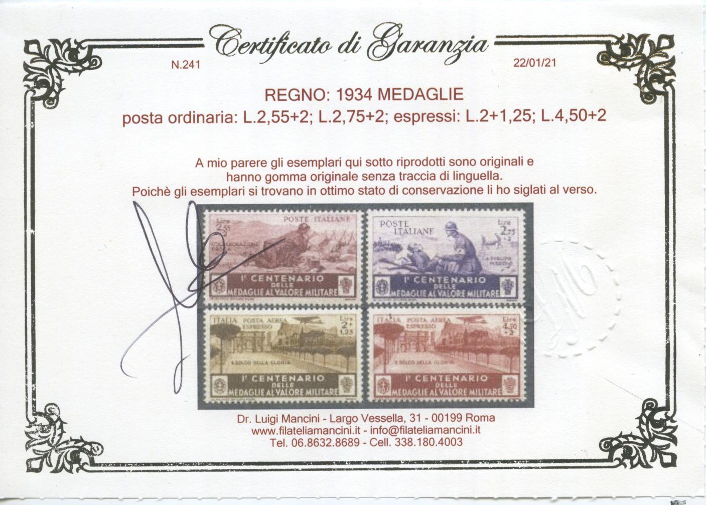 Scansione lotto: REGNO 1934 MEDAGLIE 20V. 2 ** LUSSO CERT.