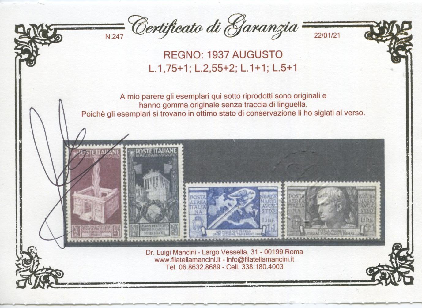 Scansione lotto: REGNO 1937 AUGUSTO 15V. **  CERT.