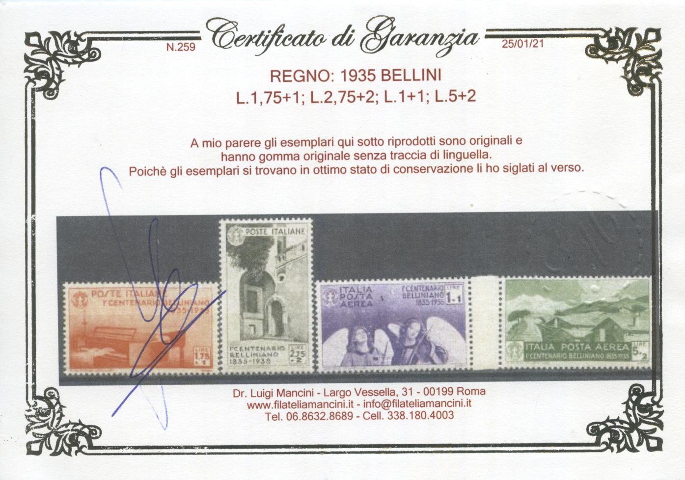 Scansione lotto: REGNO 1935 BELLINI 11V. 2 ** LUSSO CERT.