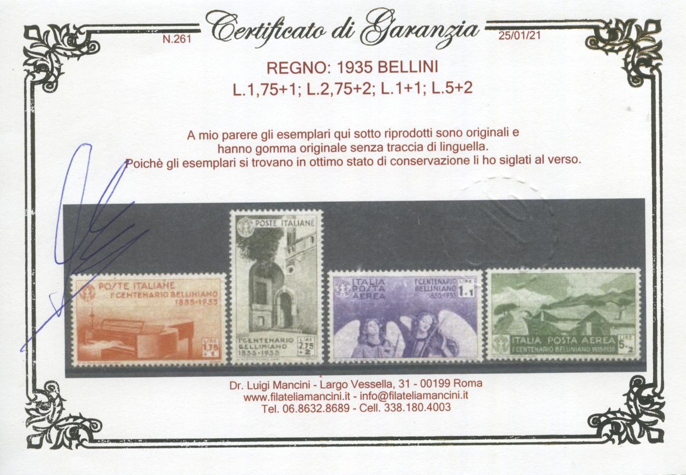 Scansione lotto: REGNO 1935 BELLINI 11V. 6 ** LUSSO CERT.