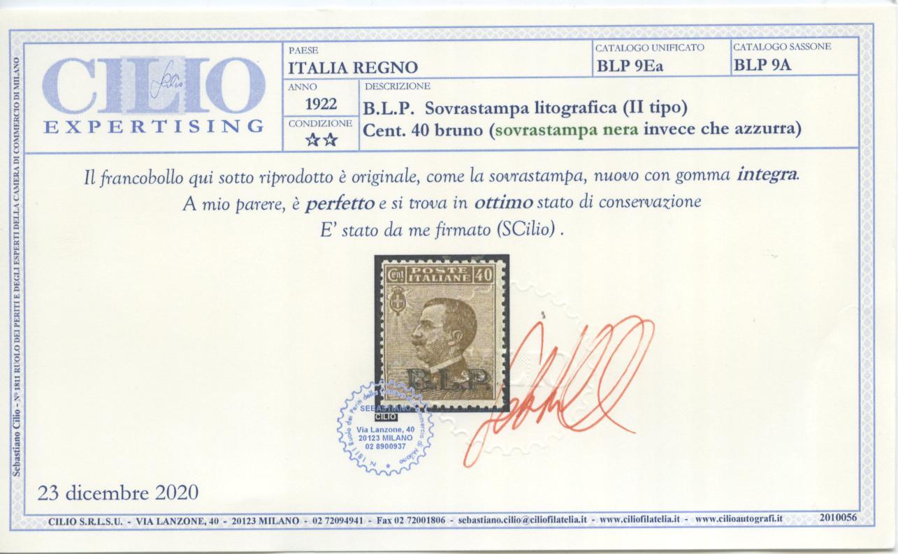 Scansione lotto: REGNO 1922 BLP 40C. II TIPO NERA **  CERT.