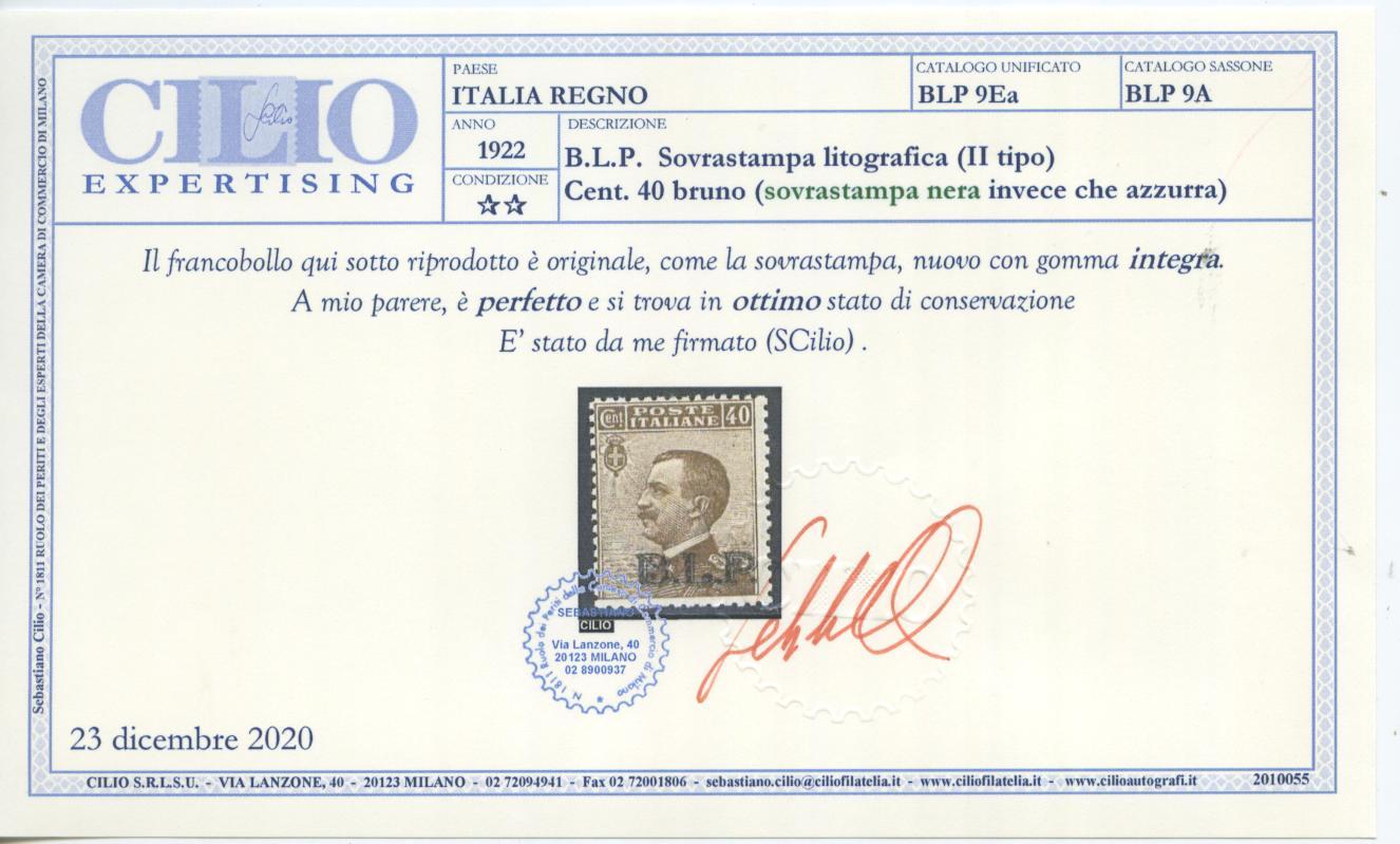 Scansione lotto: REGNO 1922 BLP 40C. II TIPO NERA 2 **  CERT.