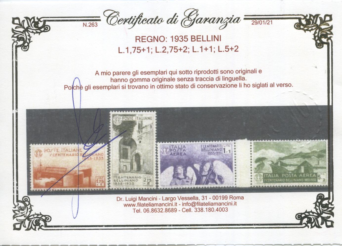 Scansione lotto: REGNO 1935 BELLINI 11V. 7 ** LUSSO CERT.