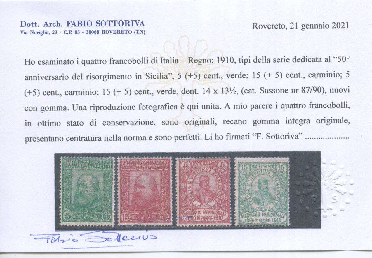 Scansione lotto: REGNO 1910 GARIBALDI 4V. 9 **  CERT.