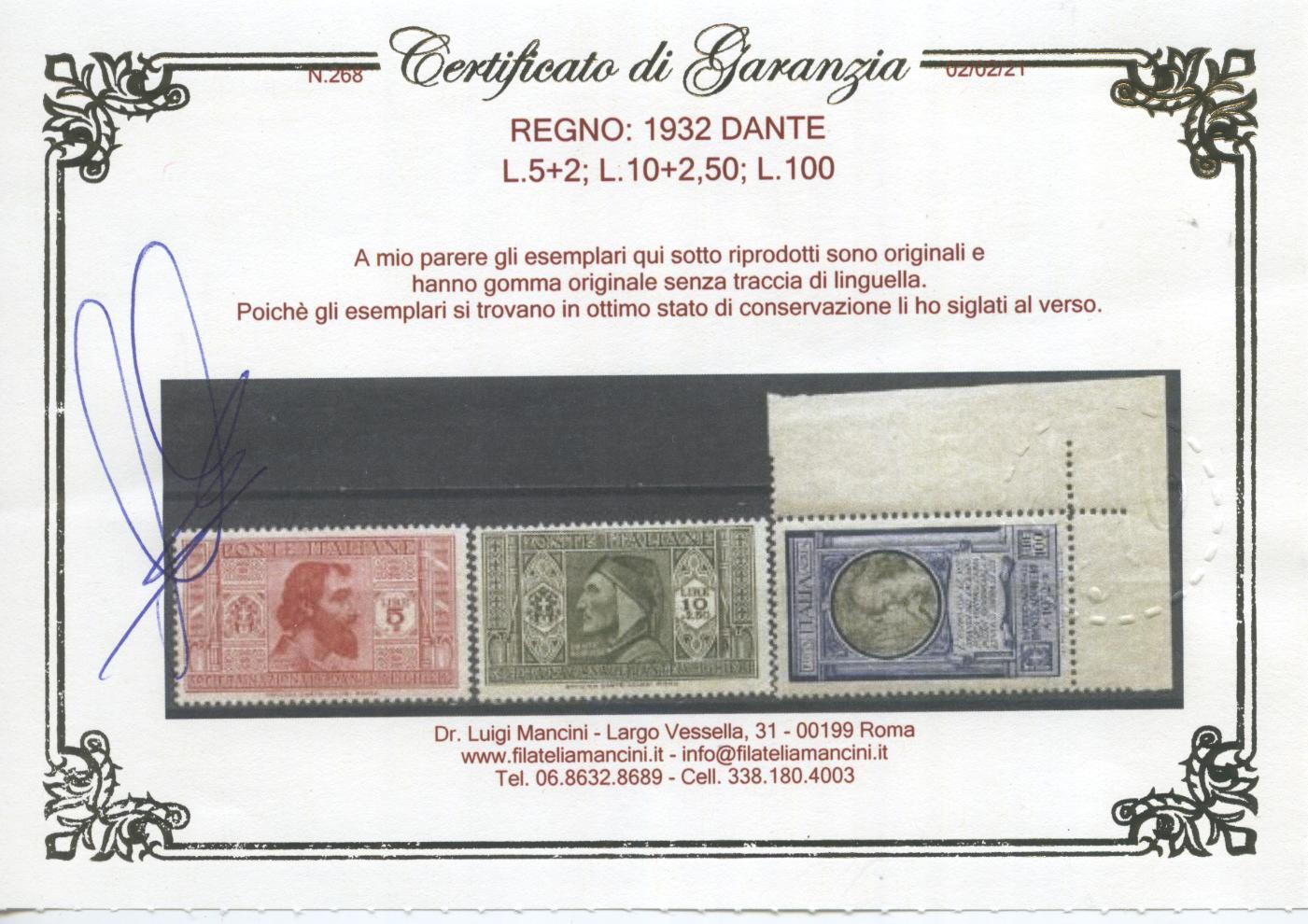 Scansione lotto: REGNO 1932 DANTE 19V. 3 ** LUSSO CERT.