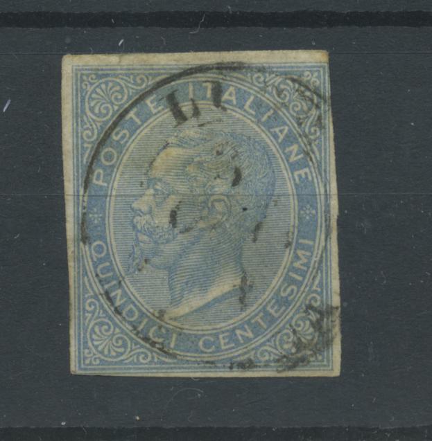 Scansione lotto: REGNO 1863 15C. CELESTE CHIARO NON DENT. US.  CERT.