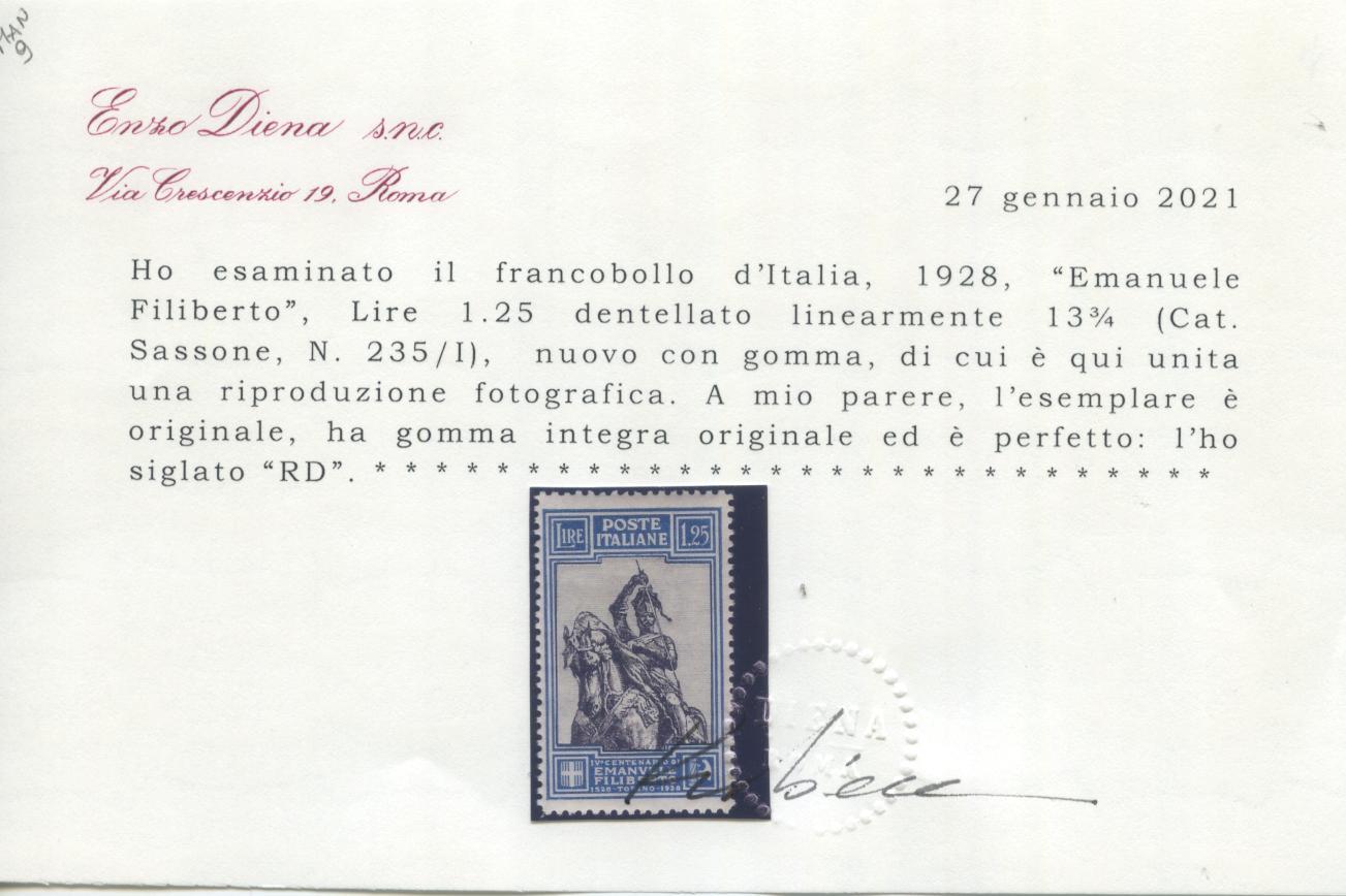 Scansione lotto: REGNO 1928 FILIBERTO L.1,25 RARO ** CENTRATO CERT.