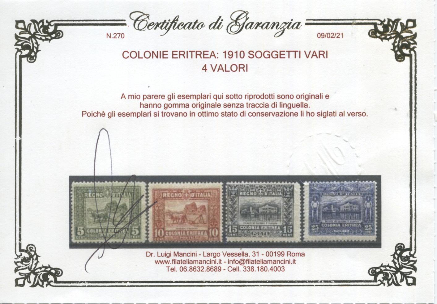 Scansione lotto: COLONIE ERITREA 1910 SOGGETTI VARI 4V. 3 **  CERT.