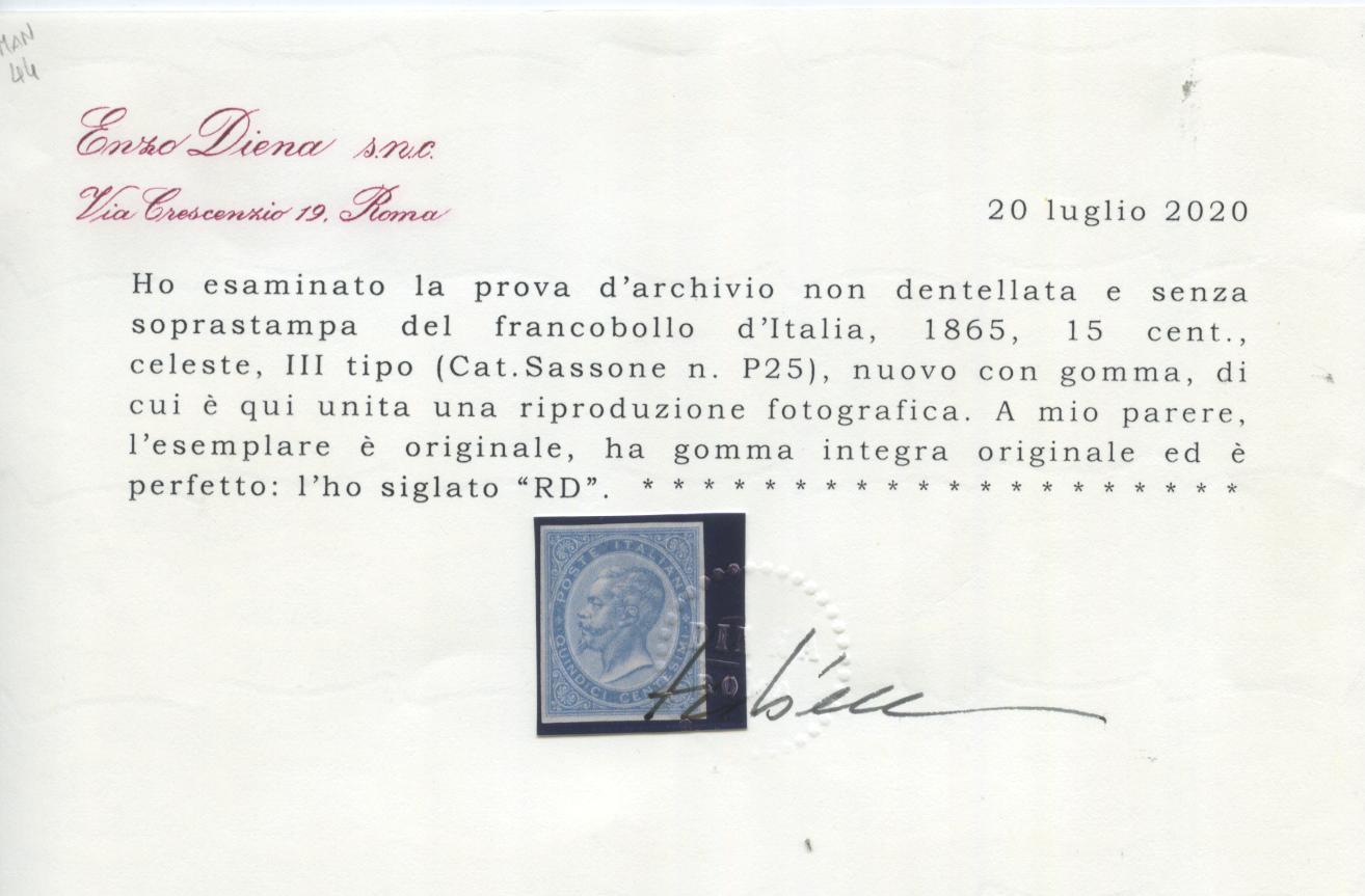 Scansione lotto: REGNO 1865 20C. SU 15C. III TIPO PROVA 2 **  CERT.