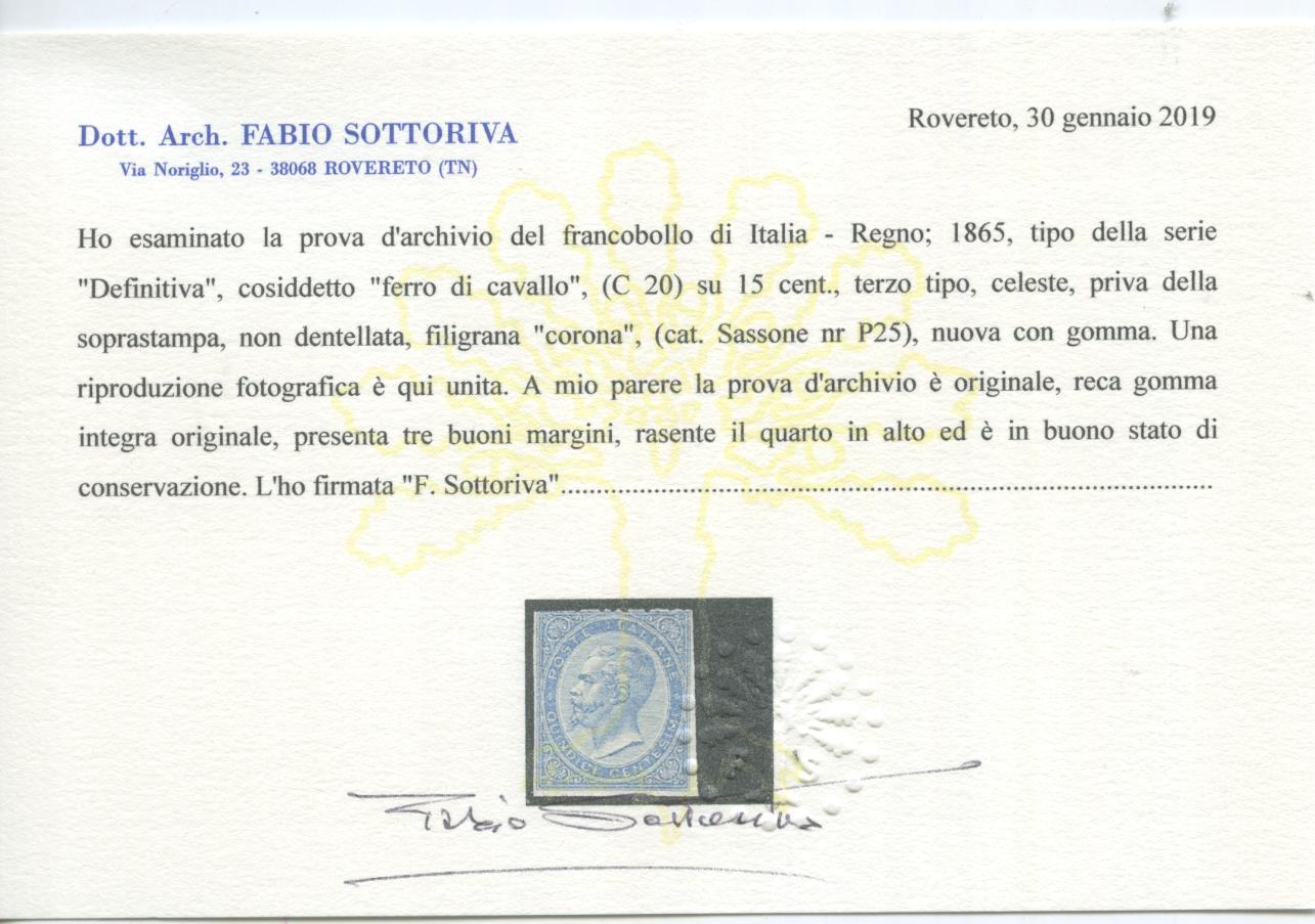 Scansione lotto: REGNO 1865 20C. SU 15C. III TIPO PROVA 4 **  CERT.