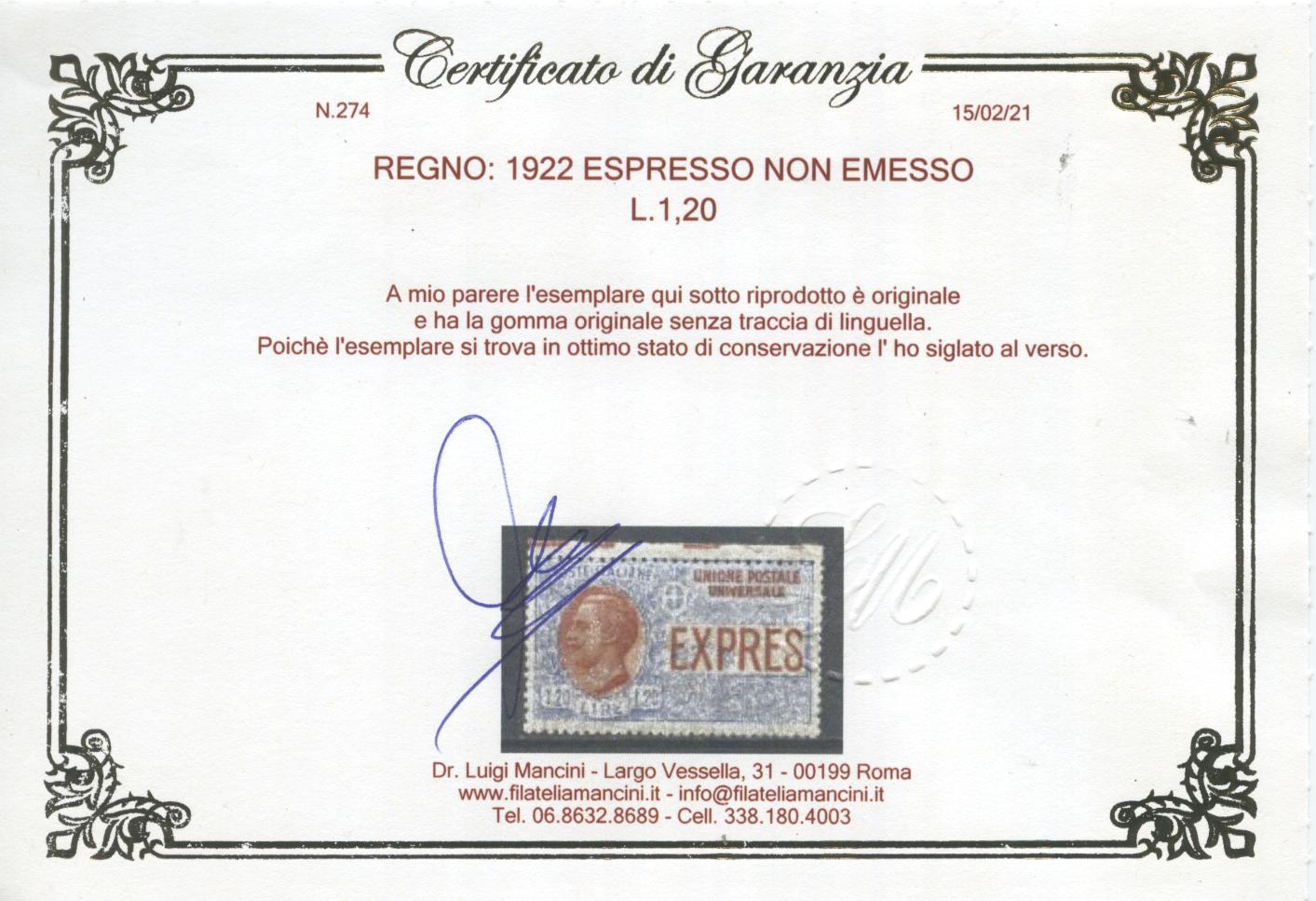 Scansione lotto: REGNO 1922 ESPRESSO NON EMESSO 6 ** LUSSO CERT.