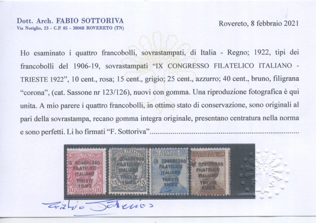 Scansione lotto: REGNO 1922 CONGRESSO FILATELICO 4V. 4 **  CERT.