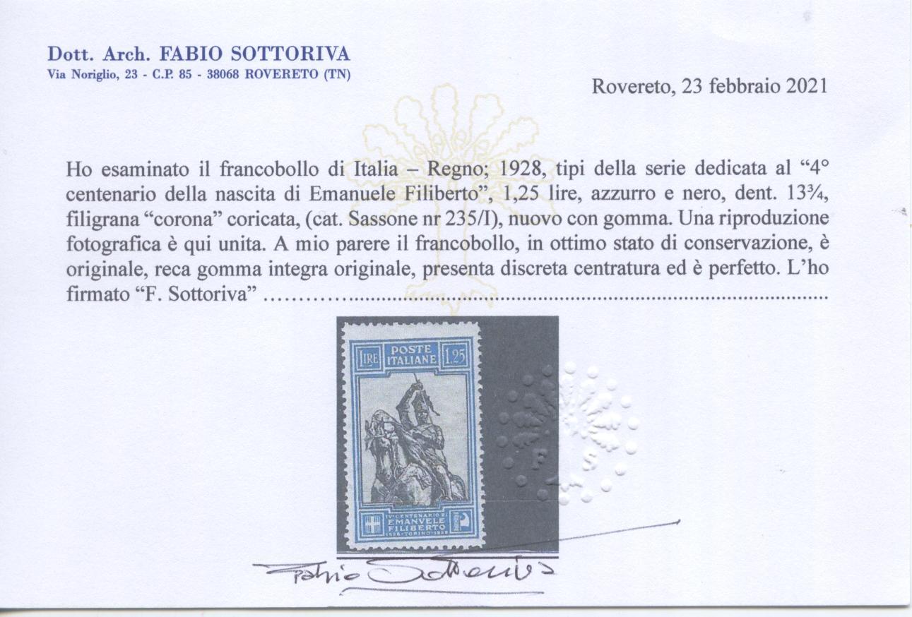 Scansione lotto: REGNO 1928 FILIBERTO L.1,25 RARO ** LUSSO CERT.