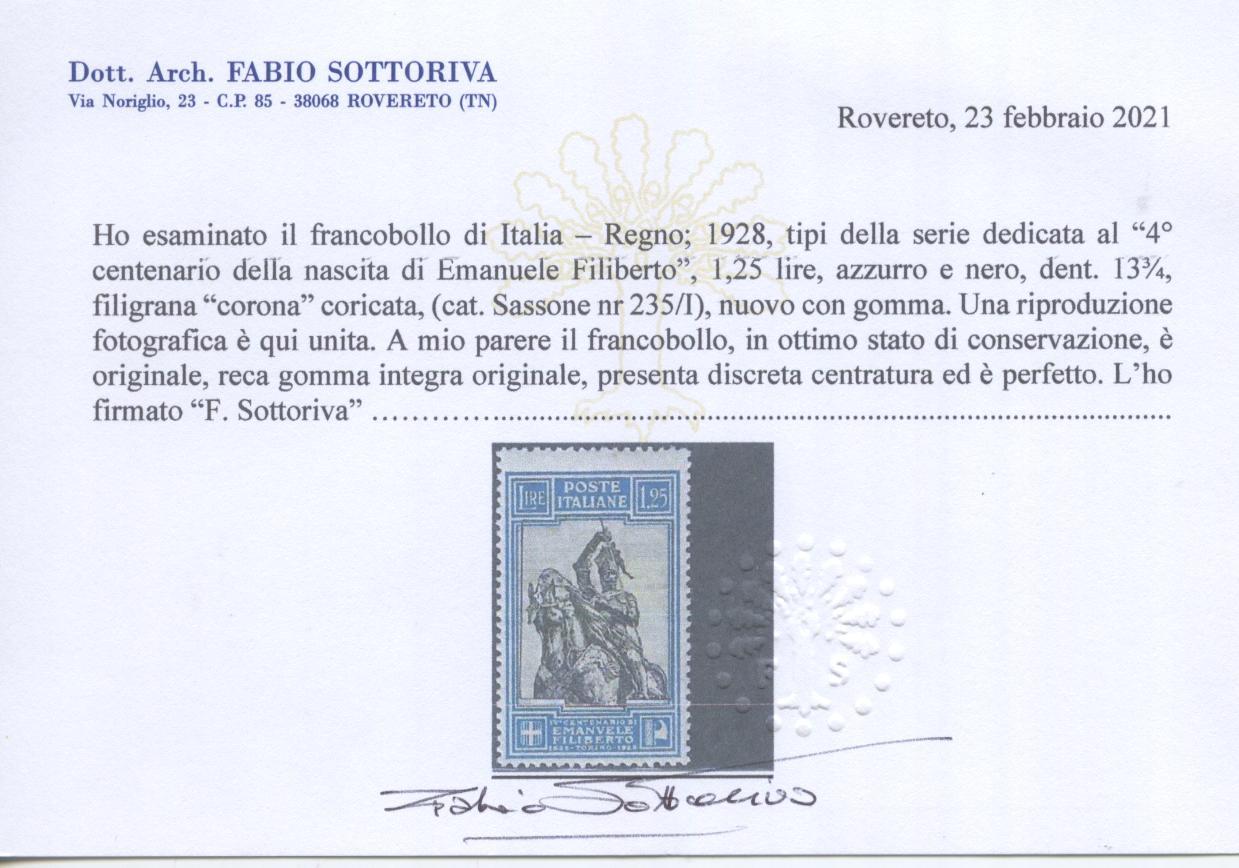 Scansione lotto: REGNO 1928 FILIBERTO L.1,25 RARO 2 ** LUSSO CERT.