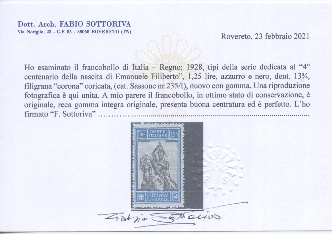 Scansione lotto: REGNO 1928 FILIBERTO L.1,25 RARO 2 ** CENTRATO CERT.