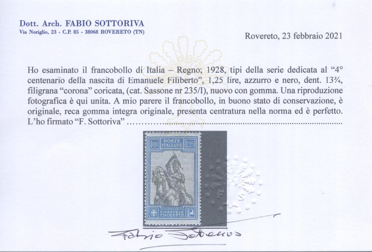 Scansione lotto: REGNO 1928 FILIBERTO L.1,25 RARO 6 **  CERT.