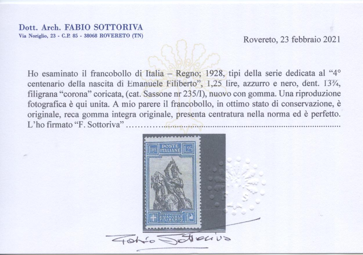 Scansione lotto: REGNO 1928 FILIBERTO L.1,25 RARO 5 **  CERT.