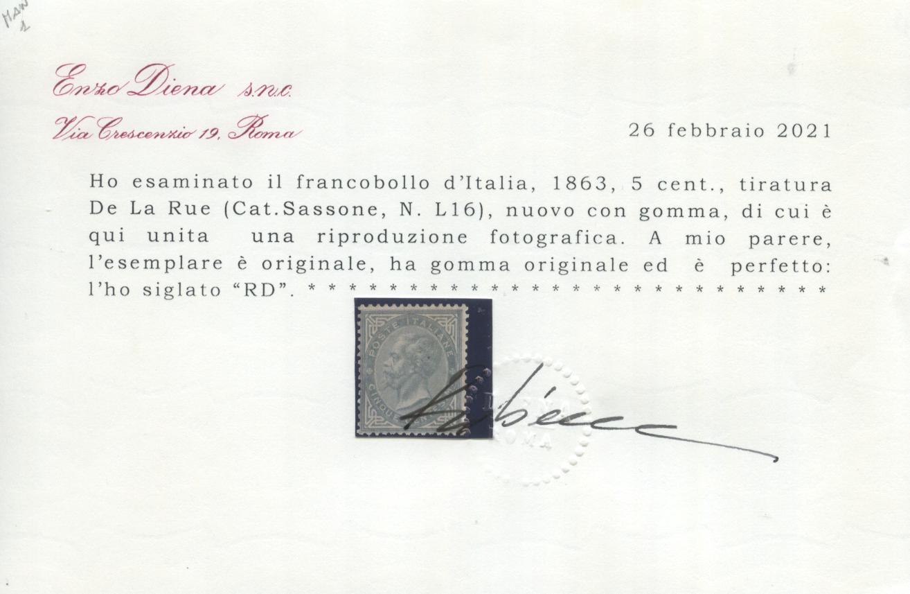 Scansione lotto: REGNO 1863 5C. LONDRA * CERT.