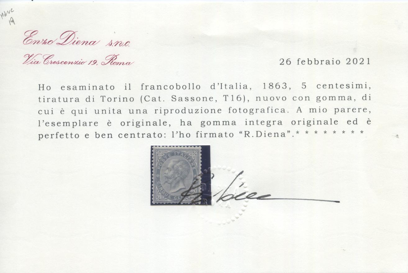 Scansione lotto: REGNO 1863 5C. TORINO 5 ** CENTRATO CERT.