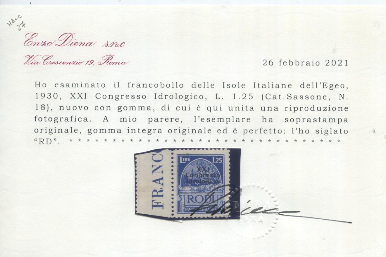 Scansione lotto: COLONIE EGEO 1930 IDROLOGICO L.1,25 ** LUSSO CERT.