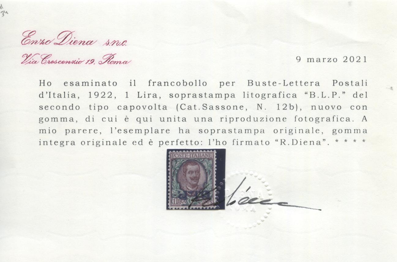 Scansione lotto: REGNO 1922 BLP L.1 ROVESCIATO ** LUSSO CERT.