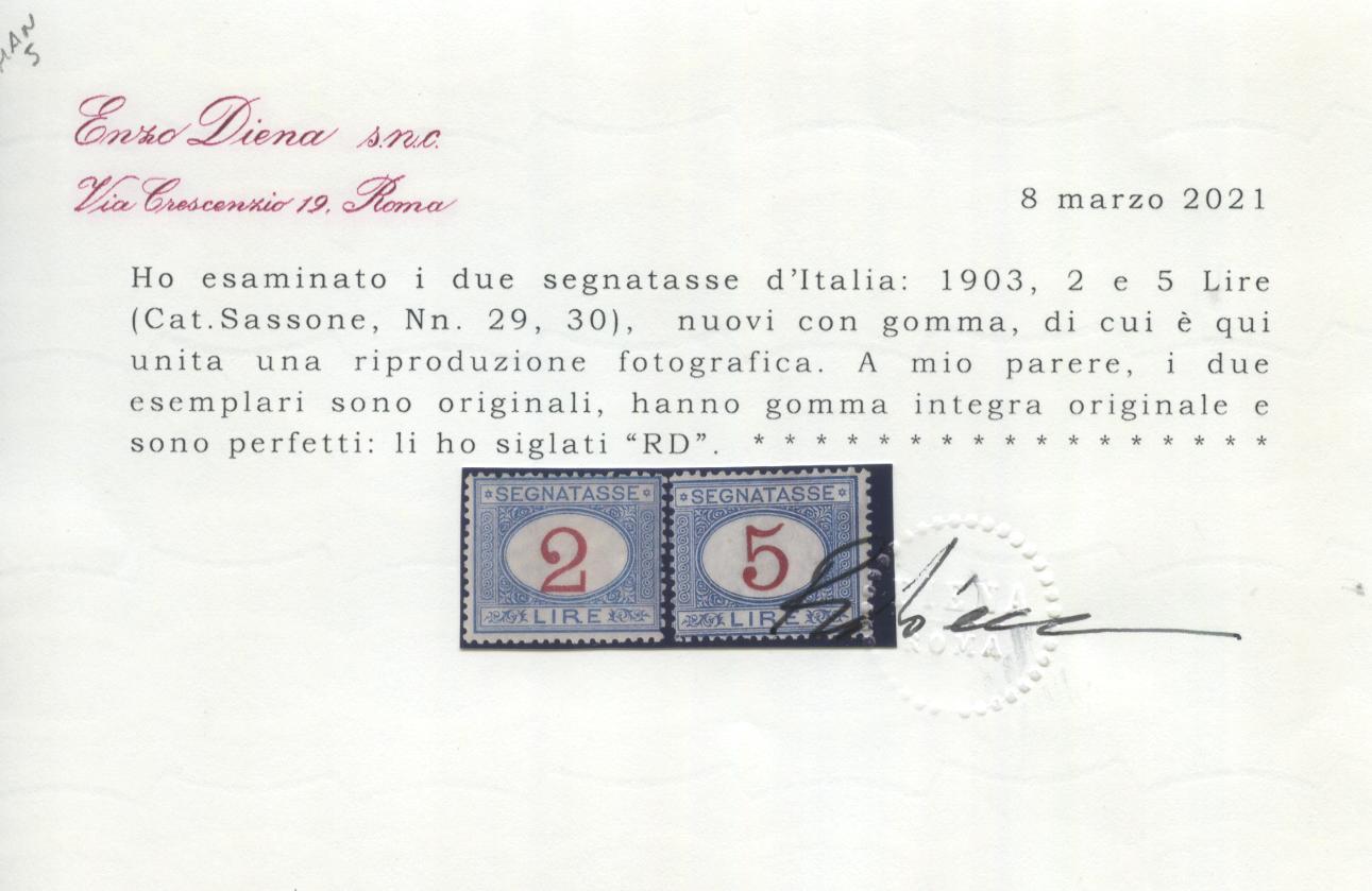 Scansione lotto: REGNO 1903 TASSE L.2 E L.5 2 ** CENTRATO CERT.