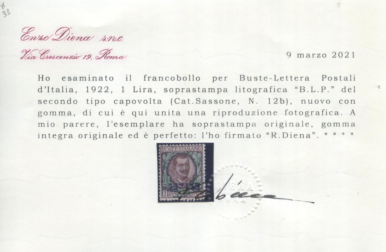 Scansione lotto: REGNO 1922 BLP L.1 ROVESCIATO 2 ** LUSSO CERT.