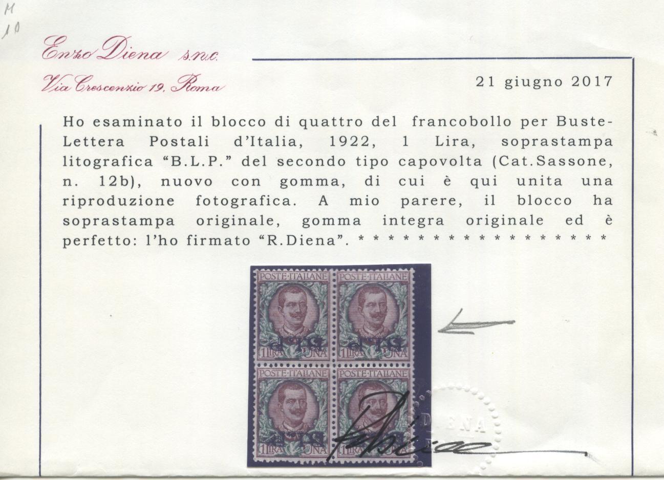 Scansione lotto: REGNO 1922 BLP L.1 ROVESCIATO 2 ** CENTRATO CERT.