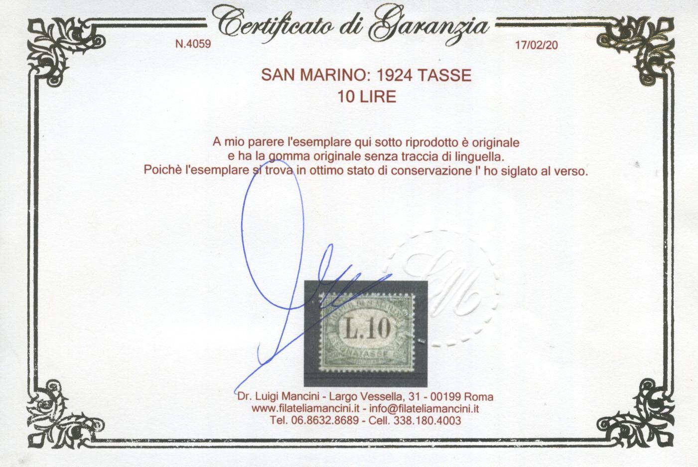 Scansione lotto: SAN MARINO 1924 TASSE RARA 9V. 3 ** CENTRATO CERT.