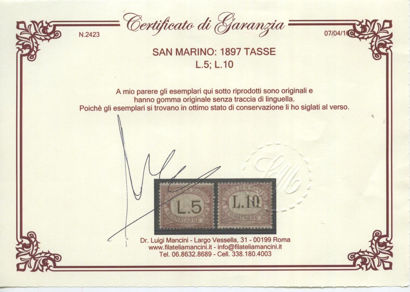 Scansione lotto: SAN MARINO 1897 TASSE 9V. 6 **  CERT.