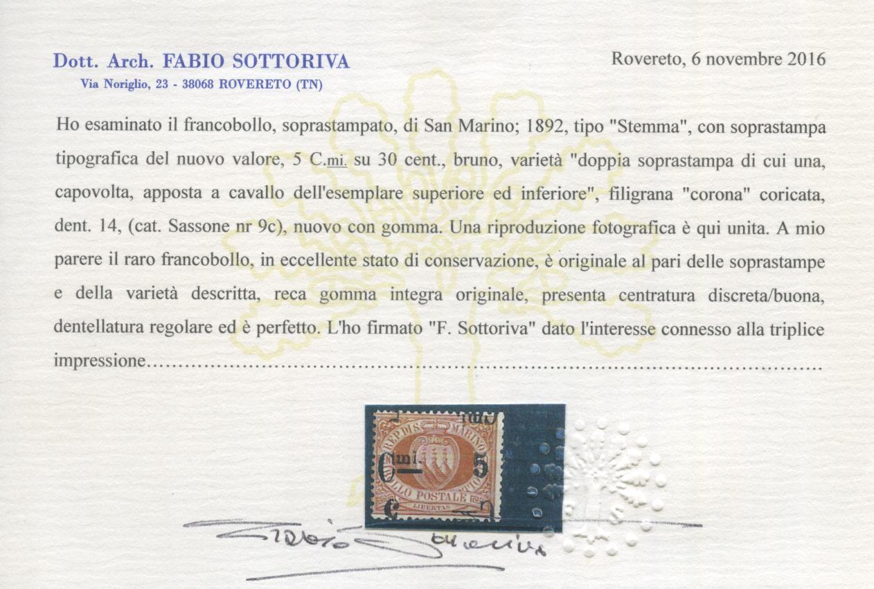 Scansione lotto: SAN MARINO 1892 N.9c DOPPIA SOVR. **  CERT.