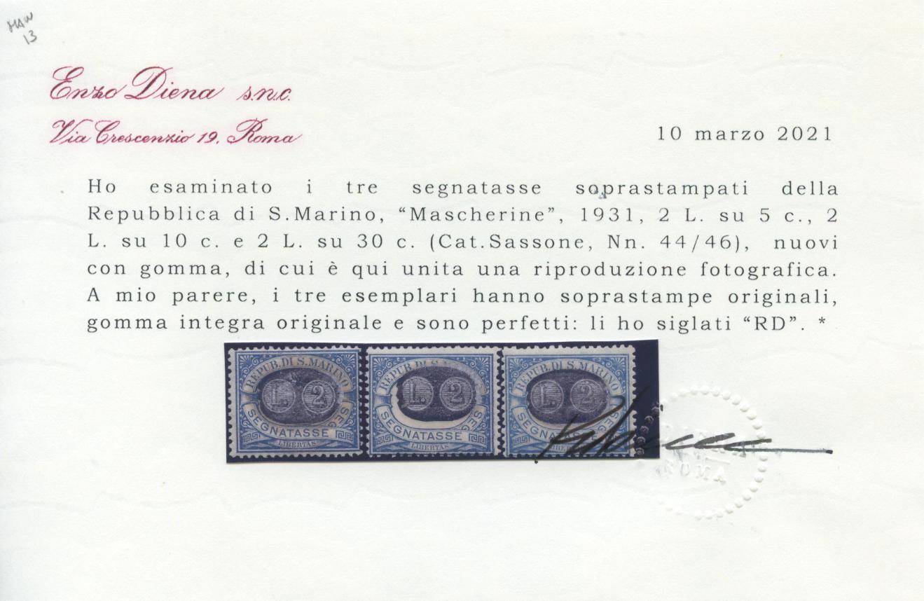 Scansione lotto: SAN MARINO 1931 TASSE MASCHERINE 15V. 2 ** LUSSO CERT.