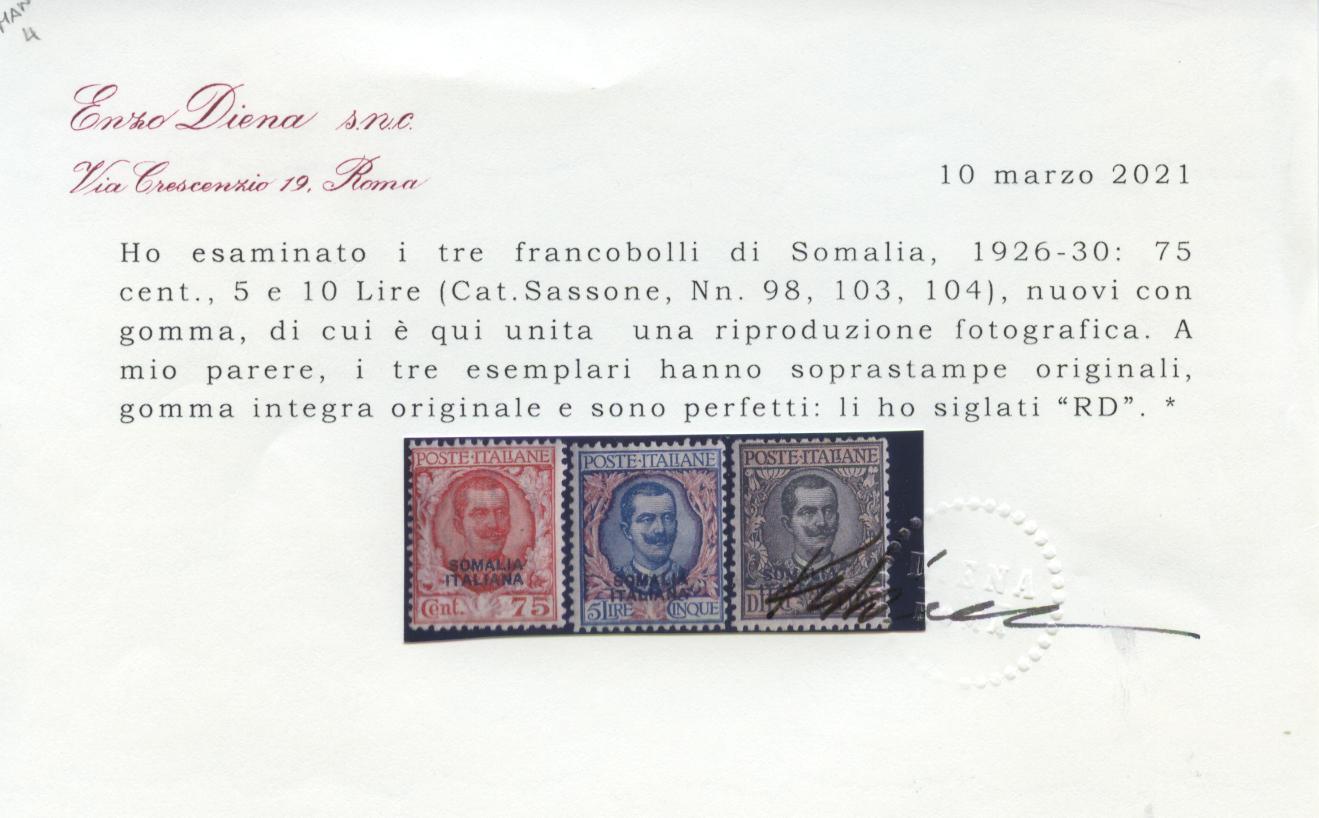 Scansione lotto: COLONIE SOMALIA 1926/30 SOVR. 14V. 3 ** CENTRATO CERT.