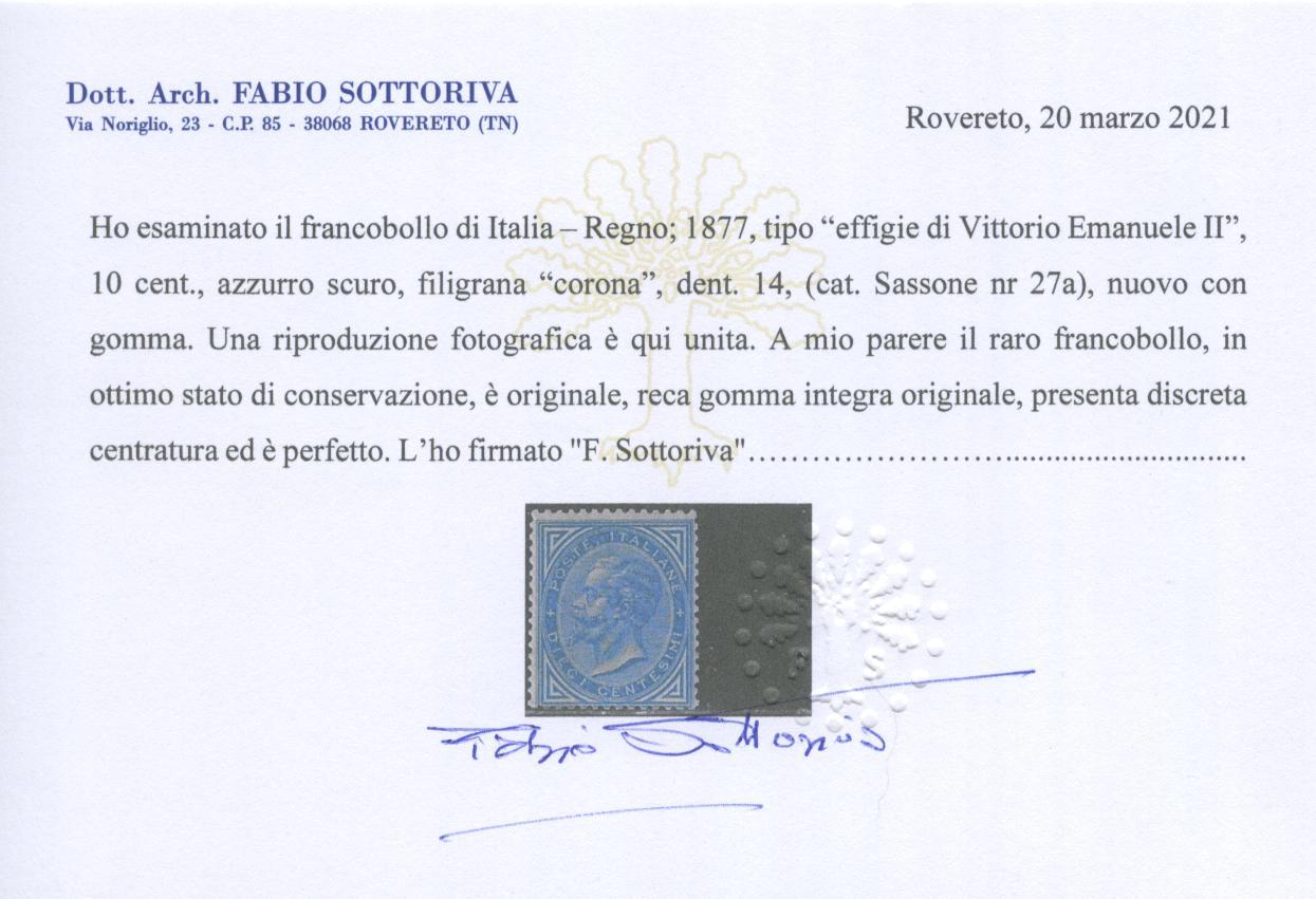 Scansione lotto: REGNO 1877 10C. AZZURRO **  CERT.