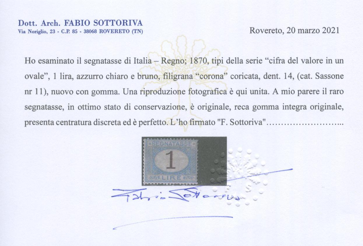 Scansione lotto: REGNO 1870 TASSE L.1 3 **  CERT.