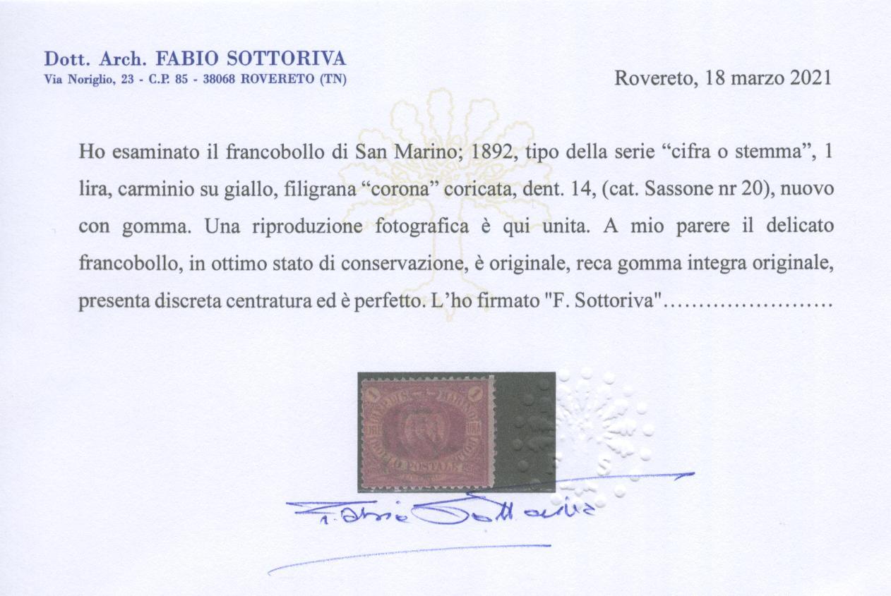 Scansione lotto: SAN MARINO 1892 L.1 ROSSA 2 **  CERT.