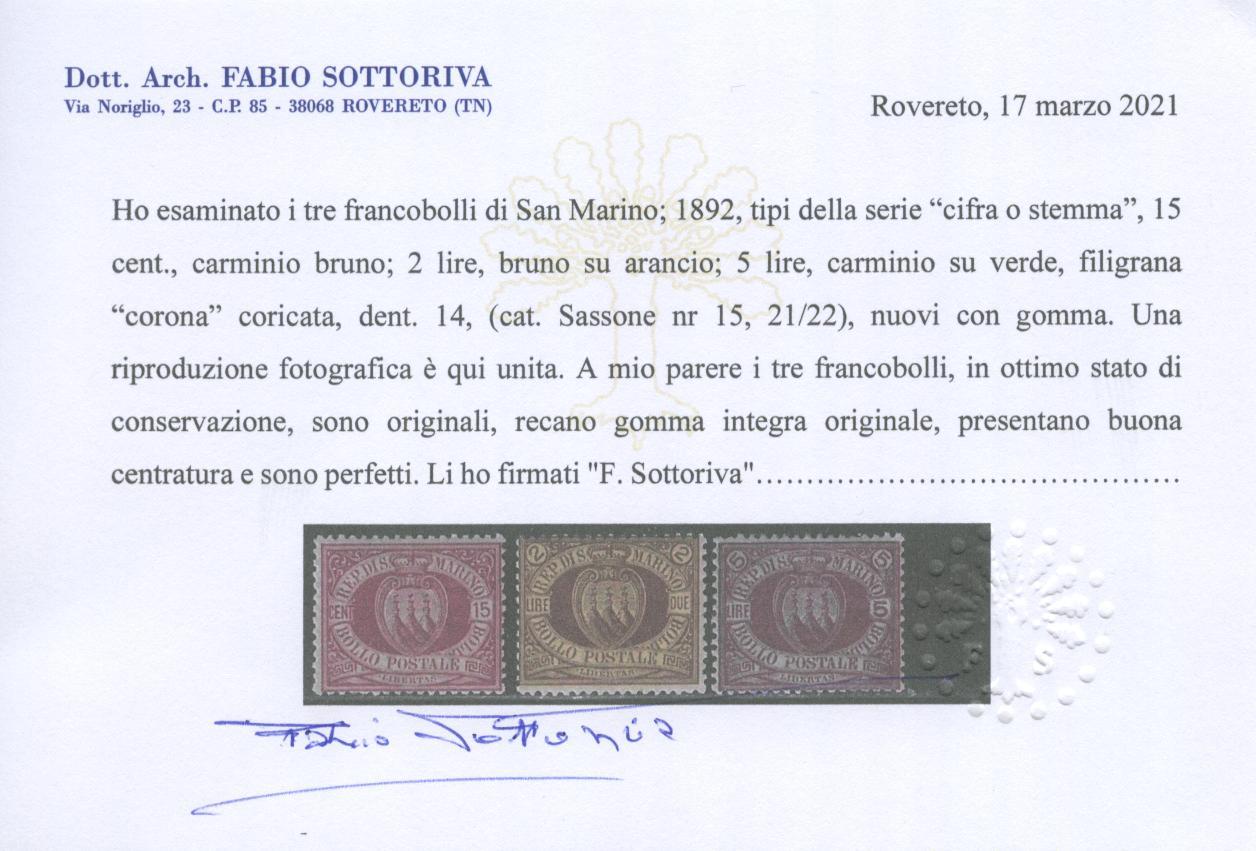 Scansione lotto: SAN MARINO 1892/4 STEMMI 10V. ** CENTRATO CERT.