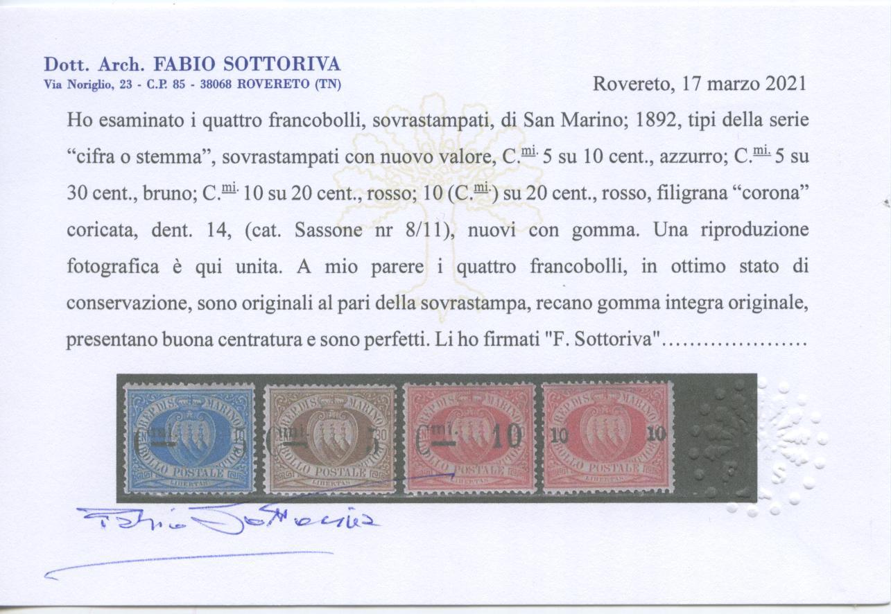 Scansione lotto: SAN MARINO 1892 SOVR. 4V. 3 ** CENTRATO CERT.