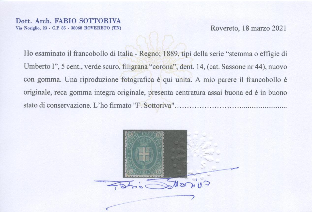 Scansione lotto: REGNO 1889 5C. VERDE 5 ** CENTRATO CERT.