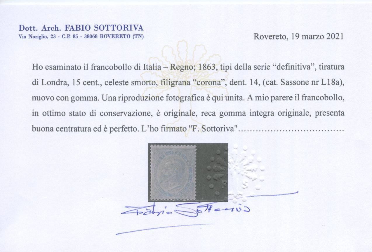 Scansione lotto: REGNO 1863 15C. CELESTE CHIARO 3 ** CENTRATO CERT.